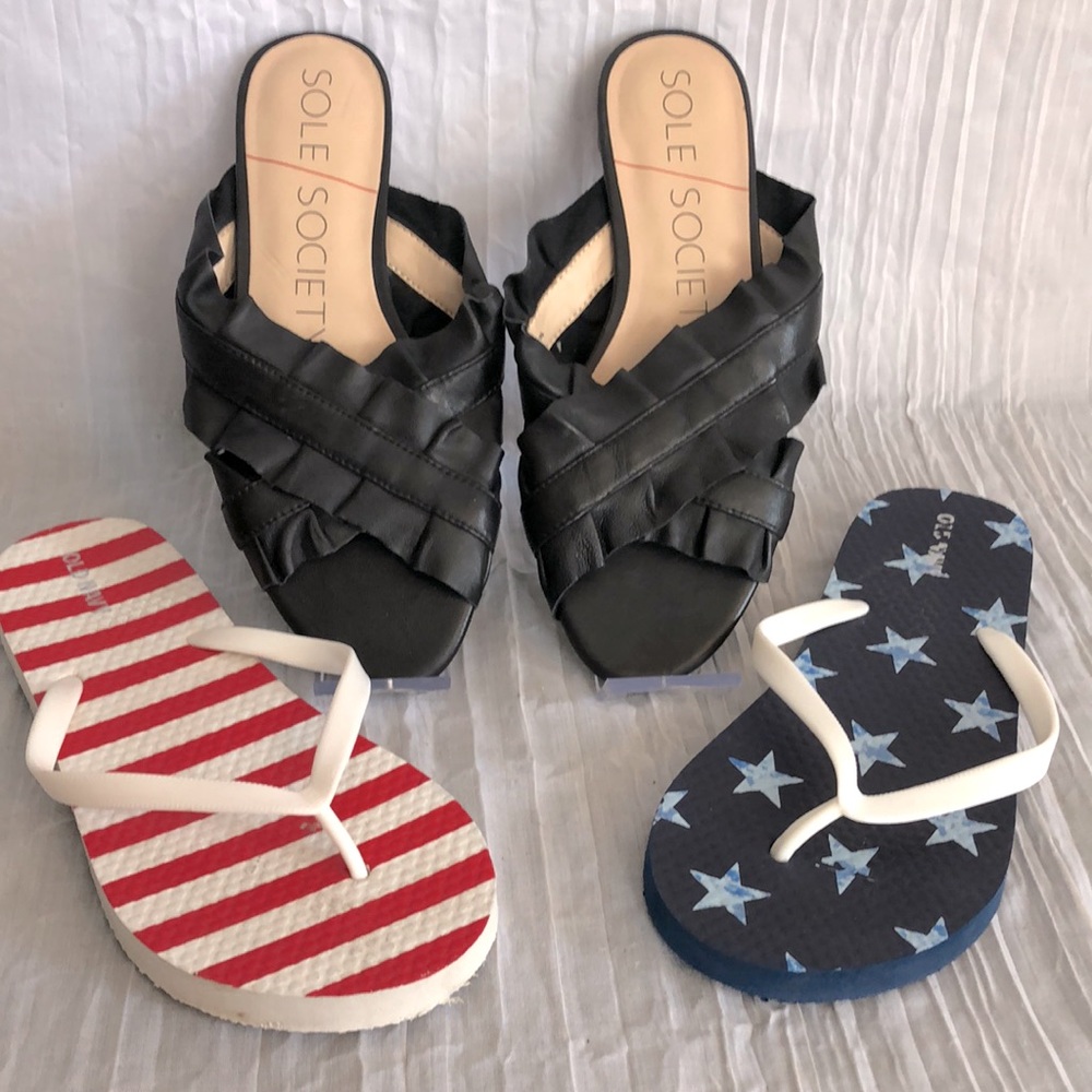 SOLE SOCIETY & OLD NAVY SZ 6 summer sandals patriotic & black ruffle slides